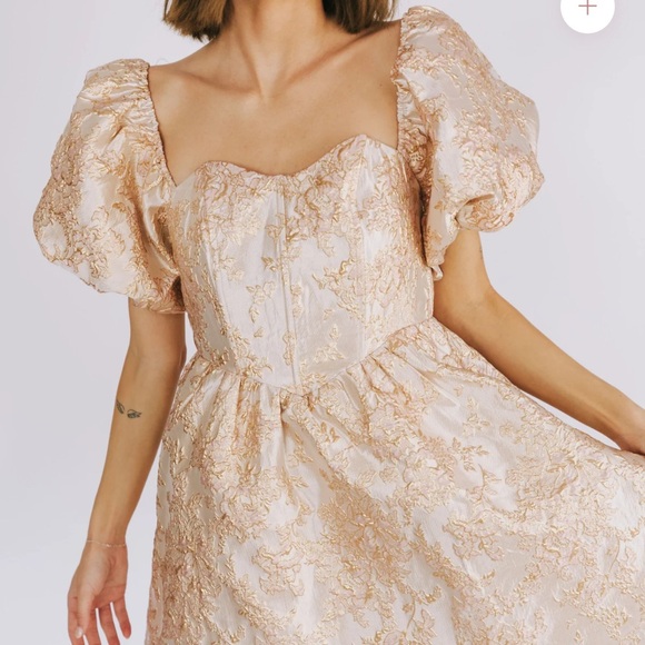 Dresses & Skirts - Jacquard Gold/Blush Shimmer Puff Sleeve Dress SZ L